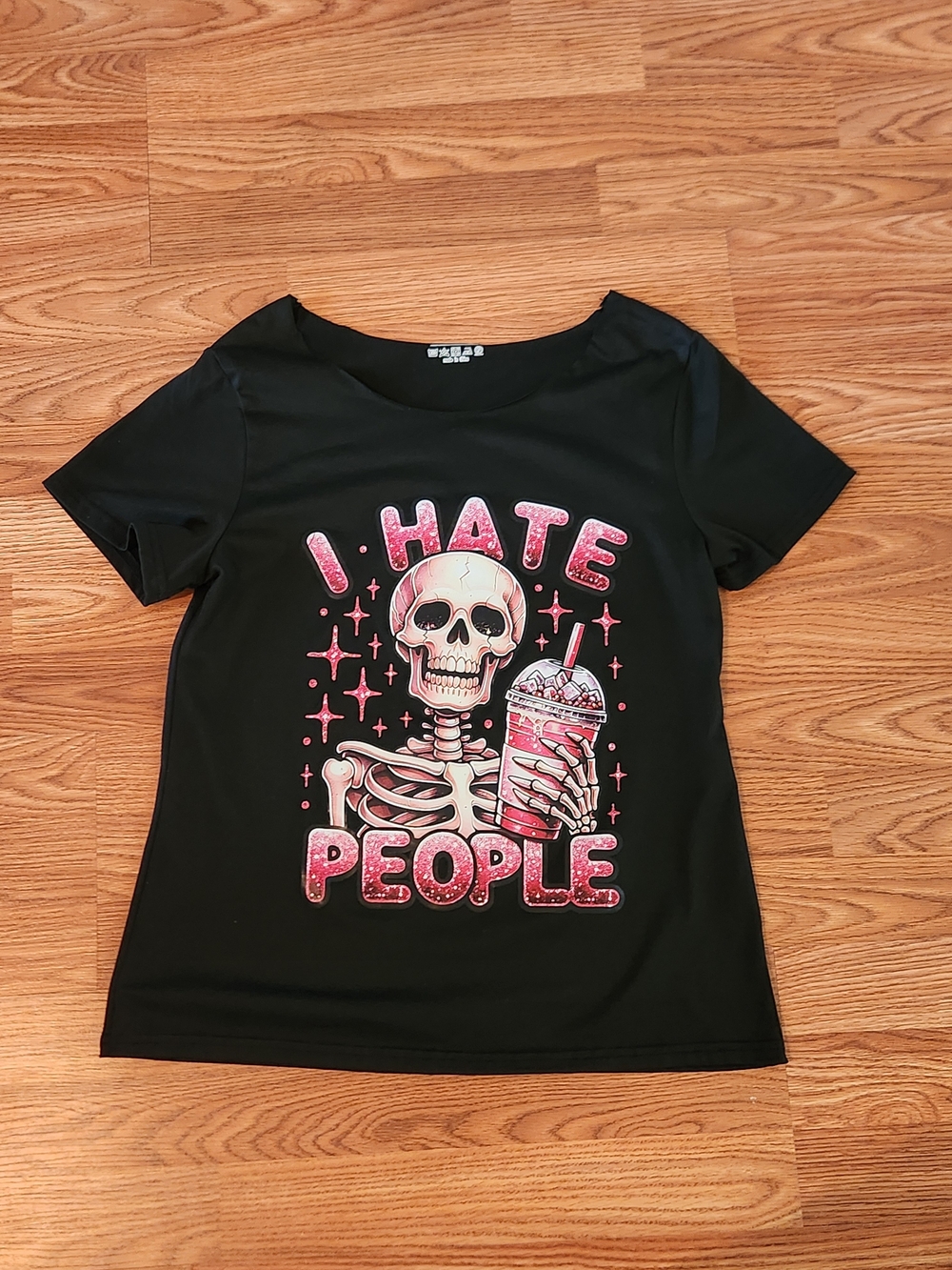 Black Graphic Tee with Pink 'I HATE PEOPLE' Skeleton Design T-shirt